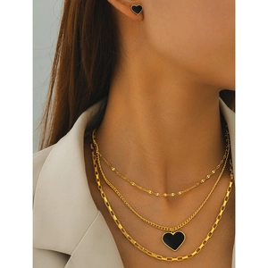 Multi-Layer Heart Jewelry Stainless Steel Heart Pendant Necklace And Heart Stud Earrings For Women Black Enamel Hip Hop Style