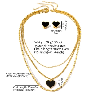 Three-layer stainless steel heart necklace and earring set with black drip oil charms
