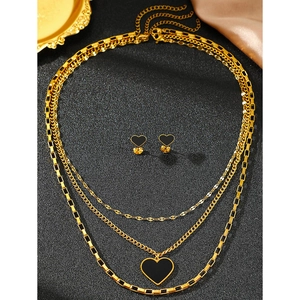 Gold multi-layer necklace with black heart pendant and matching earrings set