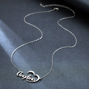 Custom silver stainless steel name necklace with Angelina pendant and hollow heart shape