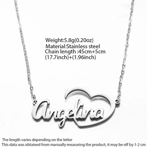 Customized stainless steel heart name necklace with Angelina cursive pendant on a fine chain