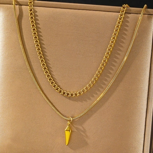 Mens gold layered curb and snake chain necklace with a geometric triangle pendant