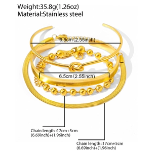 Set of four gold stainless steel bracelets featuring beads, snake chains, and open bangles