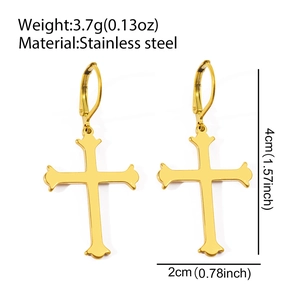 Minimalist gold-plated stainless steel cross dangle earrings set with size and weight info