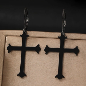 Vintage minimalist black cross dangle earrings with secure lever-back hooks for men and women
