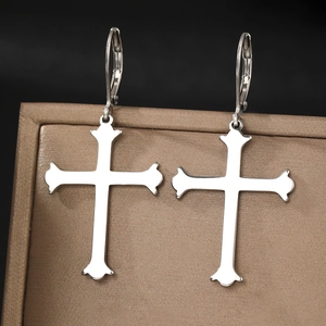 Vintage silver cross drop earrings with leverback clasps for men and women