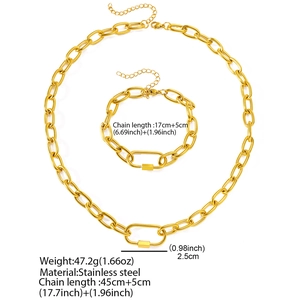 Gold stainless steel link chain jewelry set with rectangle charm on white background