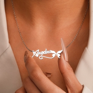 Custom stainless steel name necklace with butterfly pendant in Angelina font