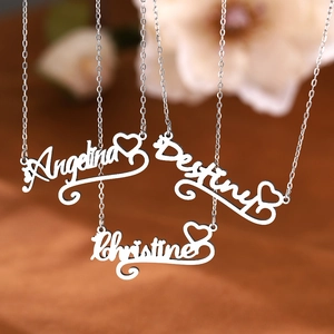 Collier Lettre De Nom Cursive Acier Inoxydable Poli Pendentif Coeur Bijou Mode Cadeau Élégant