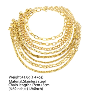 Multiple styles of golden stainless steel chain necklaces and bracelets set in gold finish