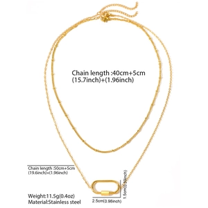 Double layered gold stainless steel necklace with geometric oval carabiner pendant
