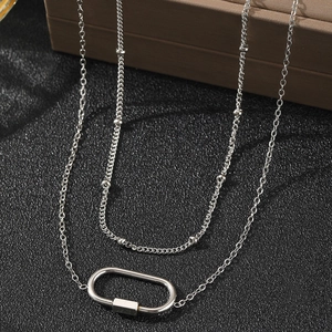 Double-layered titanium steel necklace with bead chain and oval carabiner pendant