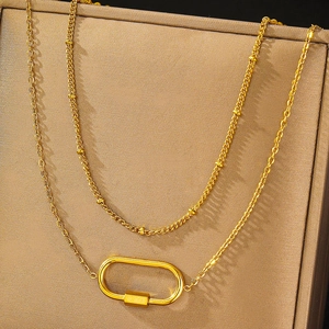 Elegant gold double-layered necklace with bead chain and oval buckle pendant for women