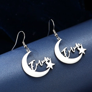 Silver stainless steel moon star drop earrings with personalized Emma name pendant