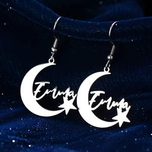 Silver stainless steel moon and star earrings with personalized Emma name cutout