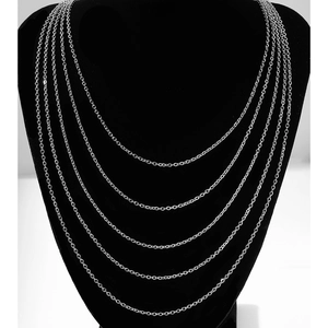 Five assorted lengths of silver stainless steel square snake chain necklaces on a neck bust