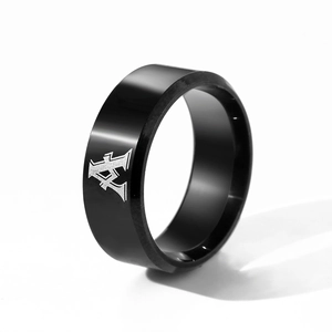 Polished black stainless steel signet ring with engraved letter A for men and women