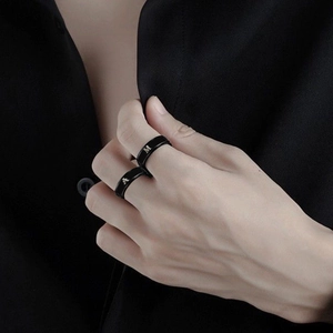 Initial Signet Ring Stainless Steel Engraved Letter Black Polished Retro Vintage Style Jewelry For Men Women