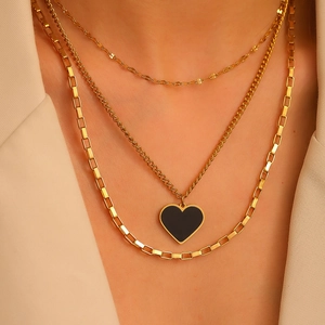 Collier Multirang En Acier Inoxydable Avec Pendentif Cœur Noir Chaîne À Mailles Cubaines Pour Femme Bijou Moderne