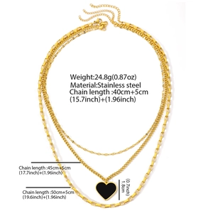 Collier multicouche en acier inoxydable doré avec pendentif cœur noir pour femme
