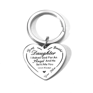 Polished stainless steel heart keychain with laser-engraved sentimental text for mothers