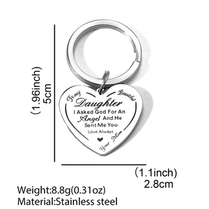 Polished stainless steel heart keychain for men with engraved sentimental daughter message