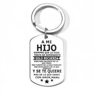 Engraved stainless steel military tag keychain for men with motivational Spanish text