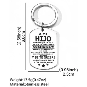 Polished stainless steel rectangular dog tag keychain with Spanish inspirational text