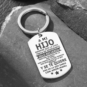 Polished stainless steel military tag keychain with engraved Spanish text for son