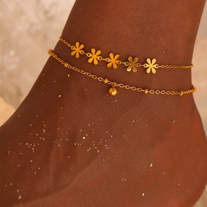 Layered Stainless Steel Anklet With Hollow Daisy Flower Round Bead Pendant Adjustable Foot Chain Summer Beach Jewelry