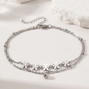 Double-layer silver stainless steel daisy anklet with five small flower charms and beads