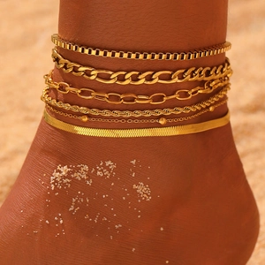 Edelstahl Fußkettchen Für Damen Flache Schlangenkette Figaro Box Seil Perlenketten Sommer Strand Fußschmuck Goldfarben