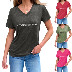 Detail of Women's V-neck T-shirt showing four vibrant colors and Absolutely Not print