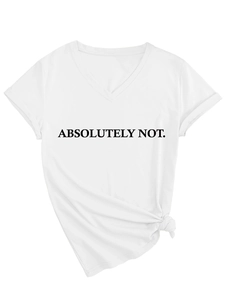 Detail of white V-neck T-shirt showing 'ABSOLUTELY NOT' print and stylish side knot hem
