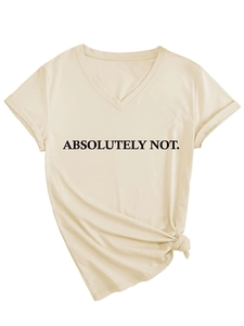 Detail of V-neck beige T-shirt with black ABSOLUTELY NOT text and knotted hem design