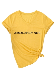 Detail of yellow V-neck slogan T-shirt with rolled sleeves and stylish side-knot design