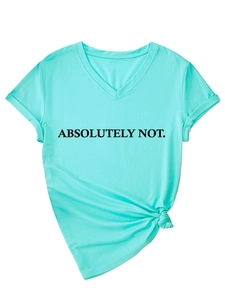 Detail of light blue V-neck T-shirt with Absolutely Not print and stylish front hem knot
