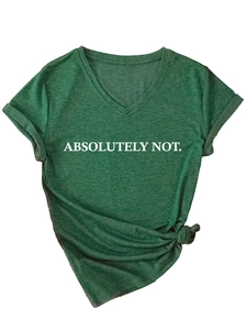 Detail of V-neck dark green T-shirt featuring white Absolutely Not text and knotted hem