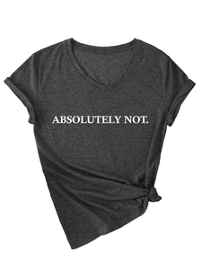 Detail of grey V-neck T-shirt showing the white Absolutely Not text print and side knot