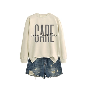 Women's beige crewneck sweatshirt and distressed denim shorts casual outfit set