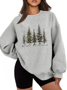 Close-up of Winter Wonderland print on thick gray oversized crewneck sweatshirt