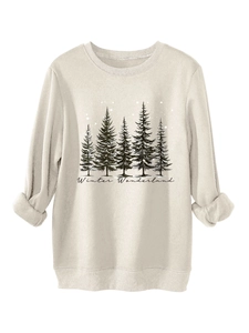 Detail of Winter Wonderland pine tree print on cream plush thickened sweatshirt