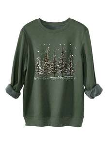 Detail of dark green winter hoodie showing thick grey fleece lining and forest print