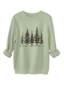 Detail of light green sweatshirt with stylized pine trees and Winter Wonderland print