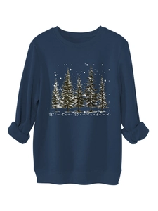 Detail of navy sweatshirt with winter wonderland pine tree print and ribbed cuffs