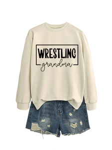 Detail of the WRESTLING grandma print on a creamy white casual long sleeve sweatshirt