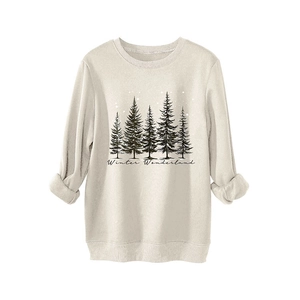 Beige Winter Wonderland sweatshirt with pine tree graphic and ribbed cuffs