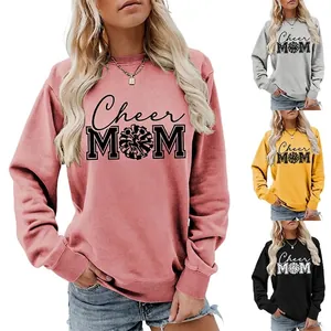 Sweatshirt Femme Col Rond Mélange Coton Manches Longues Imprimé Cheer Mom Pull Décontracté Haut Automne Hiver