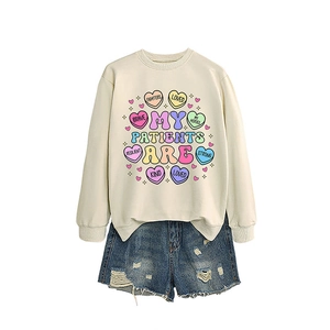 Women casual long sleeve sweatshirt with heart prints and distressed denim shorts set