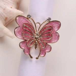 Anneaux De Serviette Papillon Émail Rose Strass Support Métal Doré Pour Décoration De Table De Fête De Mariage Bijou